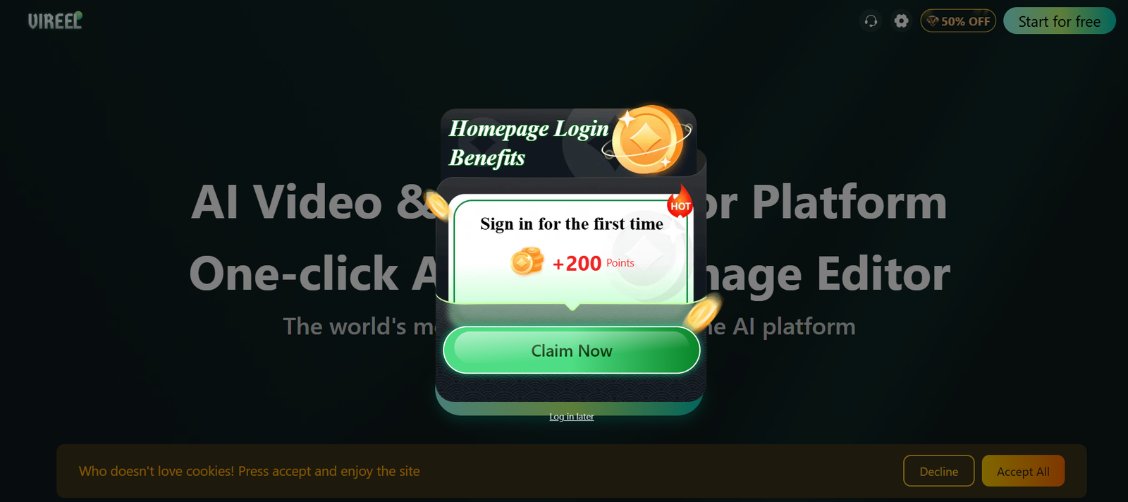 79 - Popup titled 'Homepage Login Benefits' showing coin graphics, '+200 Points' offer and a green 'Claim Now' button