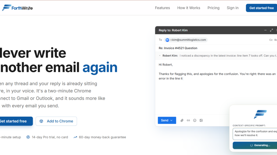 Hero section with bold headline 'Never write another email again' and two CTAs, plus a floating email-reply panel on the right.