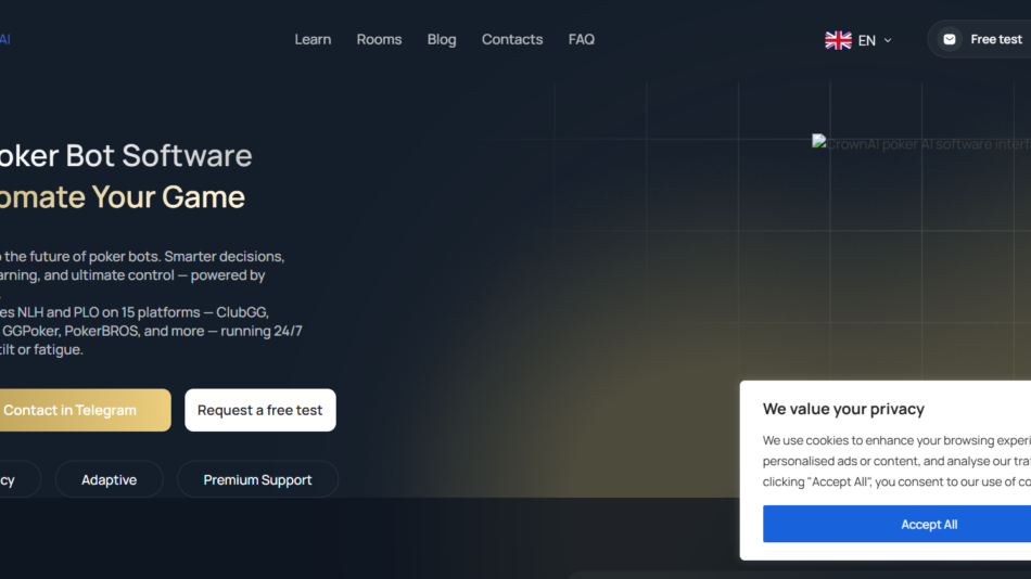 8 - Hero section for CrownAI Poker Bot Software: headline 'AI Poker Bot Software' and 'Automate Your Game' with descriptive paragraph and two CTAs: 'Contact in Telegram' and 'Request a free test'.