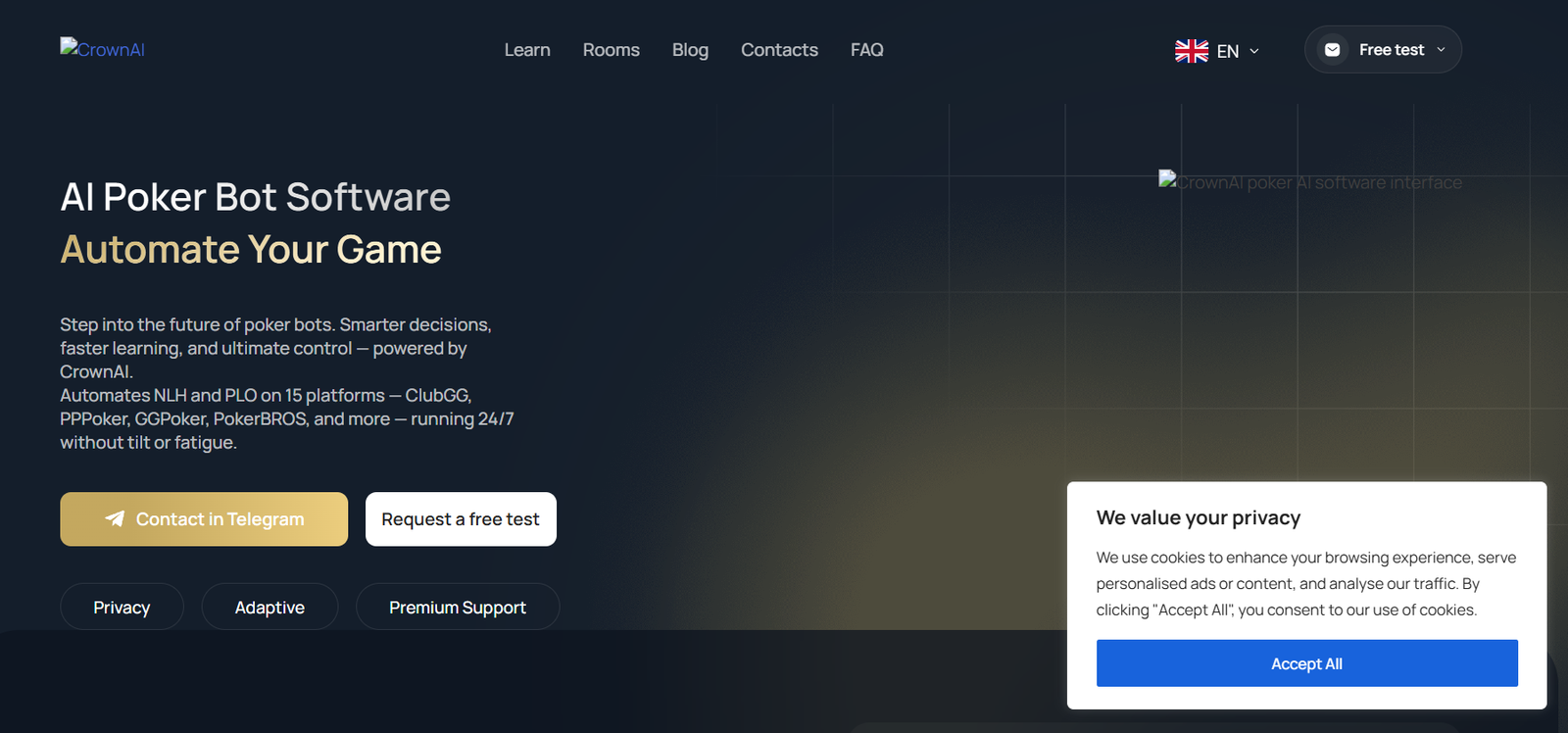 8 - Hero section for CrownAI Poker Bot Software: headline 'AI Poker Bot Software' and 'Automate Your Game' with descriptive paragraph and two CTAs: 'Contact in Telegram' and 'Request a free test'.