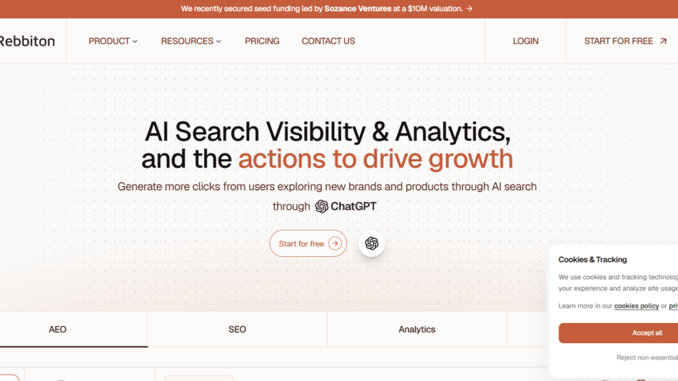 8 - Hero banner for a web analytics site: 'AI Search Visibility & Analytics, and the actions to drive growth' with a 'Start for free' CTA and a cookie consent panel visible.