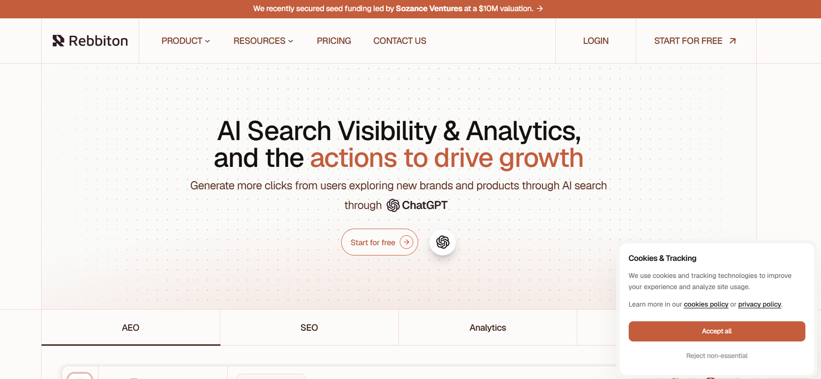 8 - Hero banner for a web analytics site: 'AI Search Visibility & Analytics, and the actions to drive growth' with a 'Start for free' CTA and a cookie consent panel visible.
