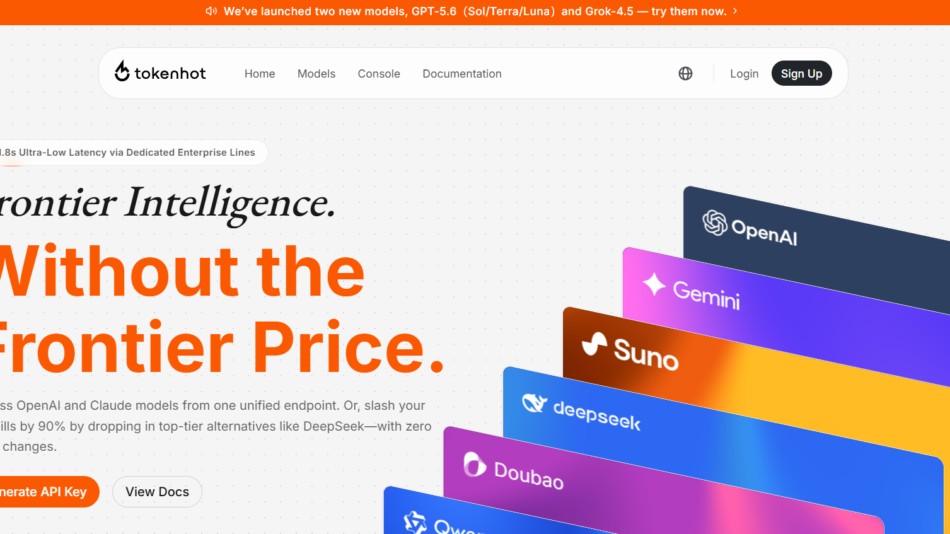 8 - Hero header of a tech platform: 'Frontier Intelligence' with the orange 'Without the Frontier Price' tagline, dotted background, colorful stacked tiles on the right, and navigation elements at top.
