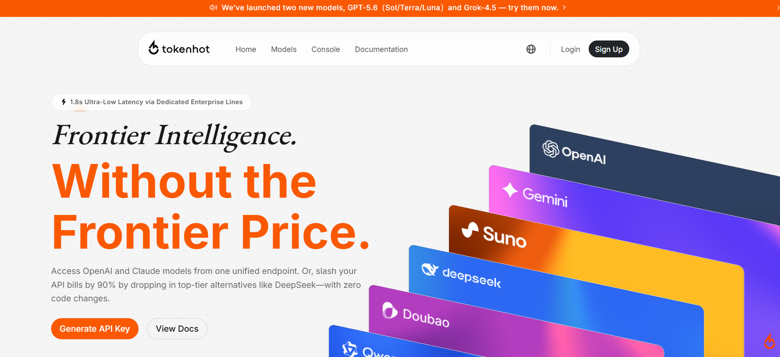 8 - Hero header of a tech platform: 'Frontier Intelligence' with the orange 'Without the Frontier Price' tagline, dotted background, colorful stacked tiles on the right, and navigation elements at top.