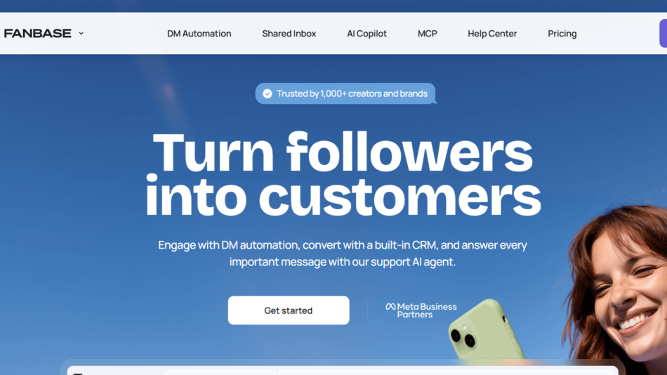 Hero banner with the bold headline 'Turn followers into customers' over a blue sky gradient, a smiling woman on the right, and a top navigation bar.