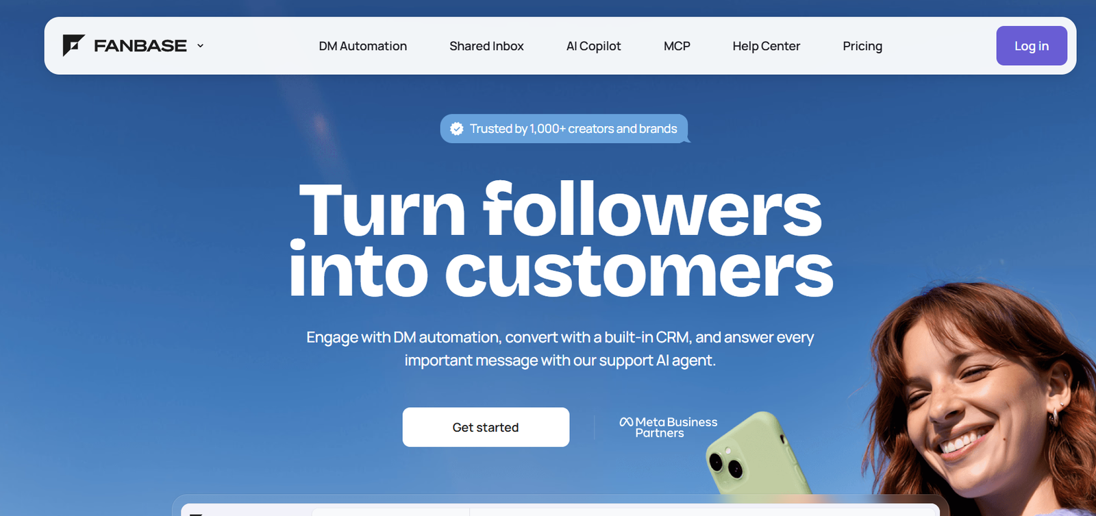 8 - Hero banner with the bold headline 'Turn followers into customers' over a blue sky gradient, a smiling woman on the right, and a top navigation bar.