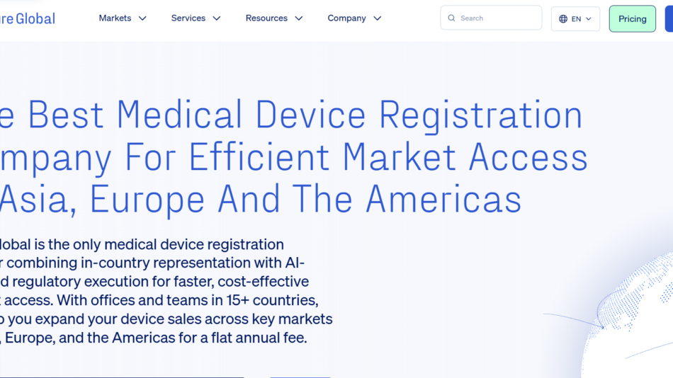 8 - Hero header stating the company is the best medical device registration company for global market access, with a partial globe illustration on the right.