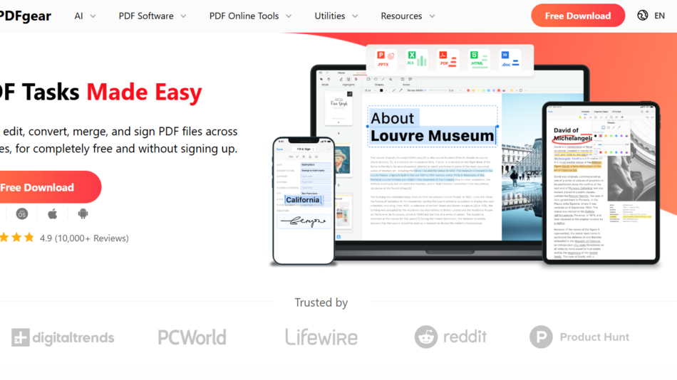8 - Hero banner for PDFgear: 'PDF Tasks Made Easy' with a laptop, tablet, and phone showing PDFs; orange gradient background and a prominent 'Free Download' button.