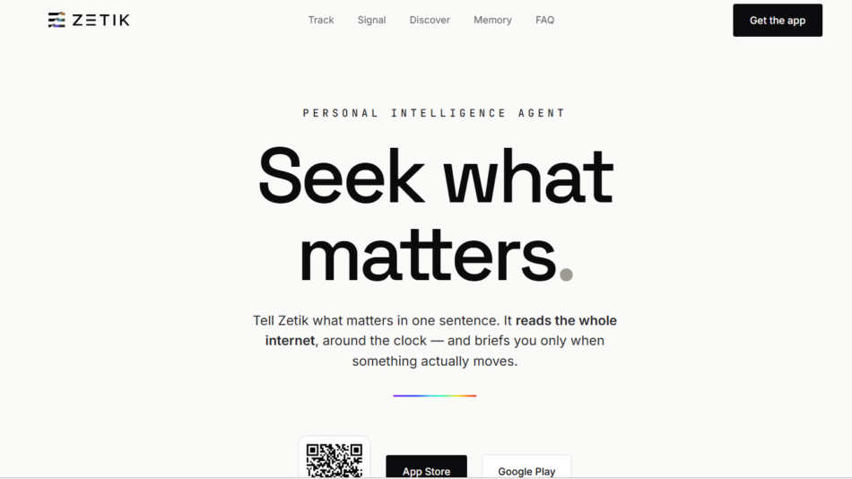 8 - Zetik homepage hero: large 'Seek what matters.' headline with 'Personal Intelligence Agent' subtitle and top navigation.