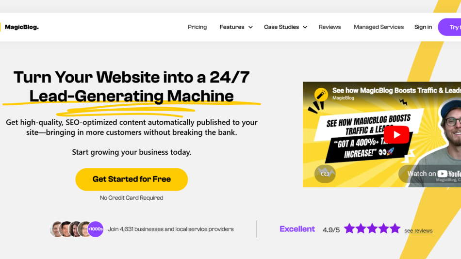 Hero header for MagicBlog: bold headline about turning a website into a 24/7 lead-generating machine, subtext, yellow 'Get Started for Free' CTA, and a right-side video thumbnail with yellow graphics.