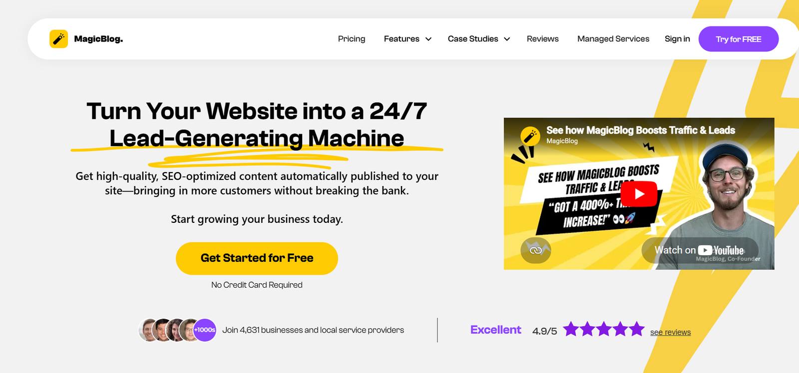8 - Hero header for MagicBlog: bold headline about turning a website into a 24/7 lead-generating machine, subtext, yellow 'Get Started for Free' CTA, and a right-side video thumbnail with yellow graphics.