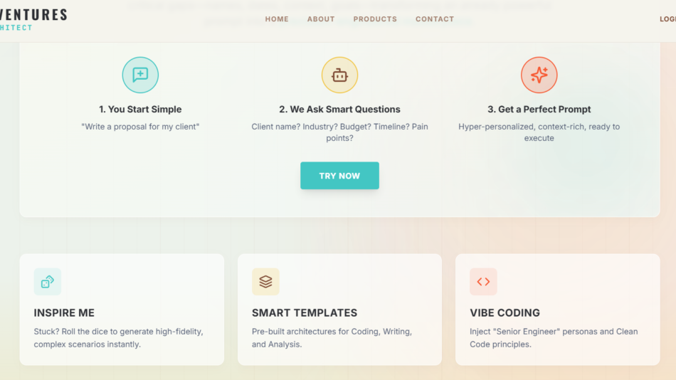 Header with Neato Ventures logo and navigation; three-step hero section and a prominent 'TRY NOW' button.
