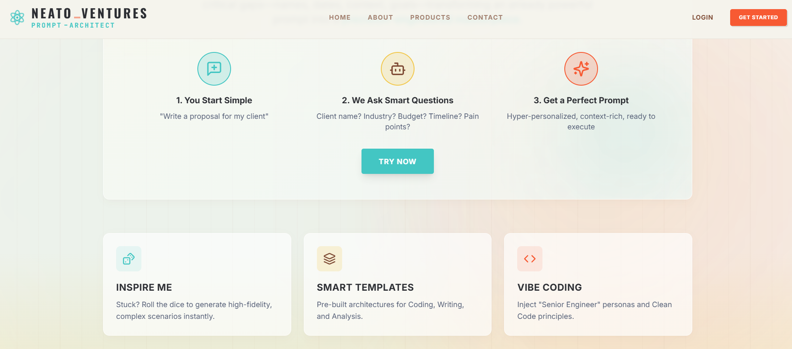 80 - Header with Neato Ventures logo and navigation; three-step hero section and a prominent 'TRY NOW' button.