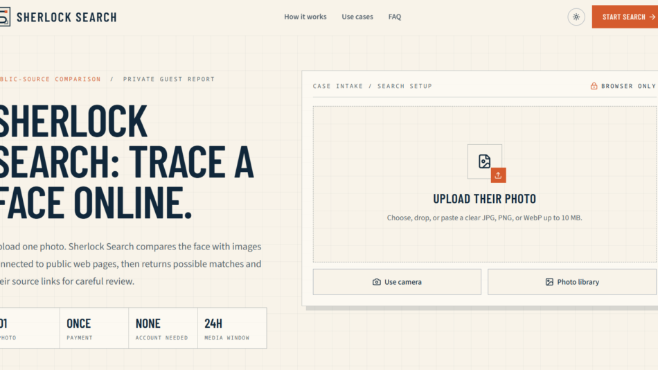 Hero section: headline 'SHERLOCK SEARCH: TRACE A FACE ONLINE' with beige grid background and navigation bar above.