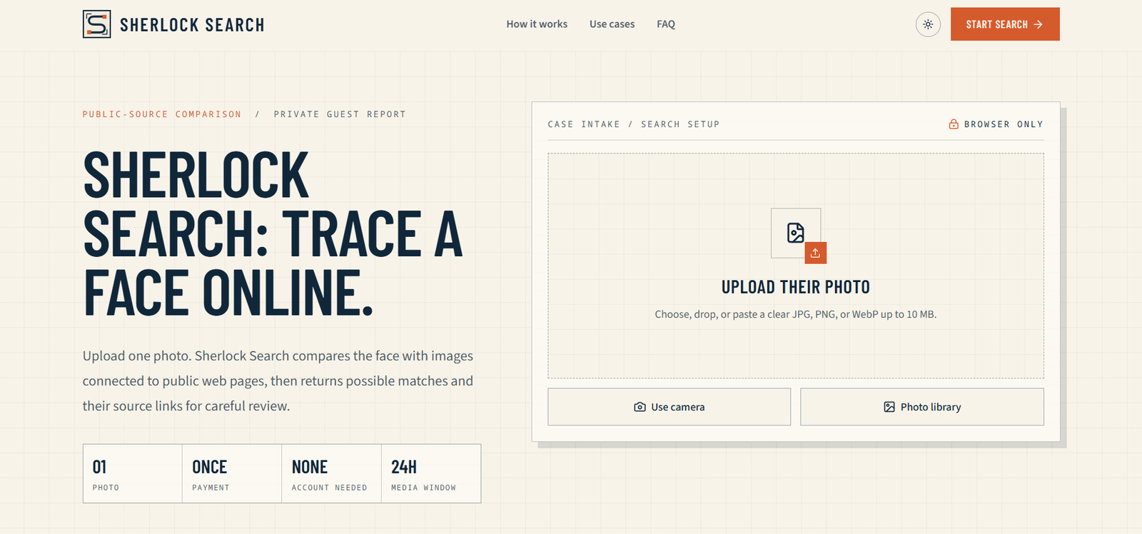 81 - Hero section: headline 'SHERLOCK SEARCH: TRACE A FACE ONLINE' with beige grid background and navigation bar above.