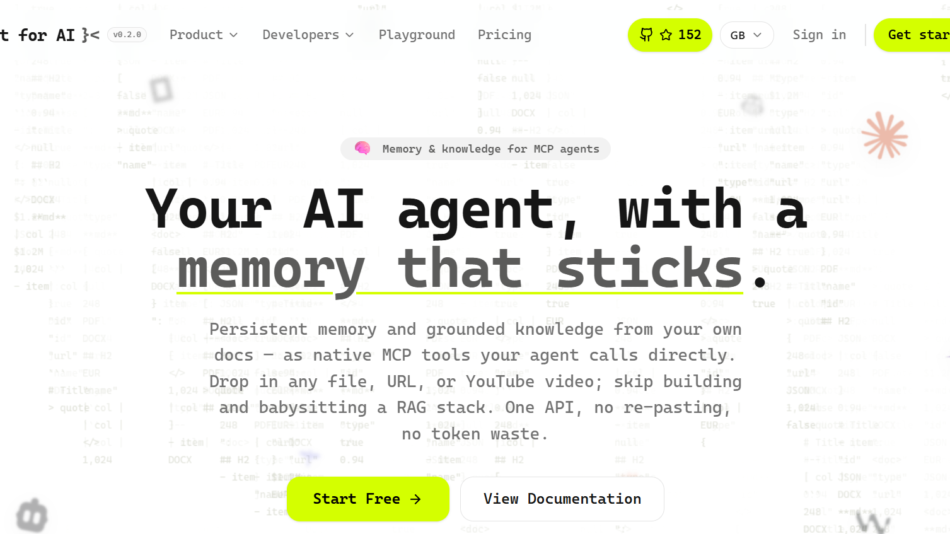 82 - Hero section for Kit for AI: bold headline about an AI agent with memory, neon Start Free button, and navigation at top.