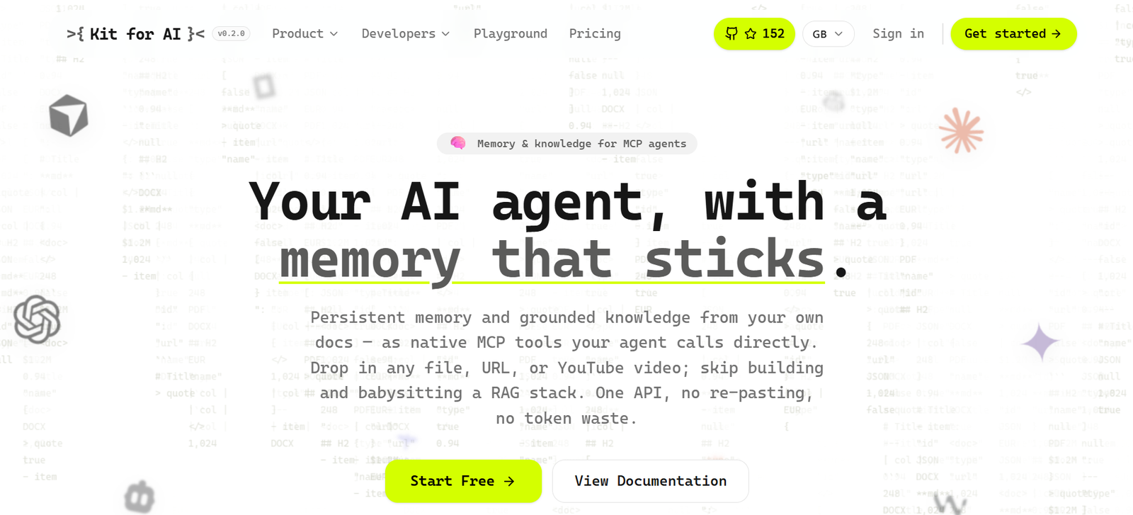 82 - Hero section for Kit for AI: bold headline about an AI agent with memory, neon Start Free button, and navigation at top.
