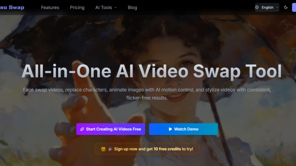 82 - Hero banner for Video Swap: a painterly background with a smiling person, overlaid by the large title 'All-in-One AI Video Swap Tool' and two CTA buttons: 'Start Creating AI Videos Free' and 'Watch Demo'.