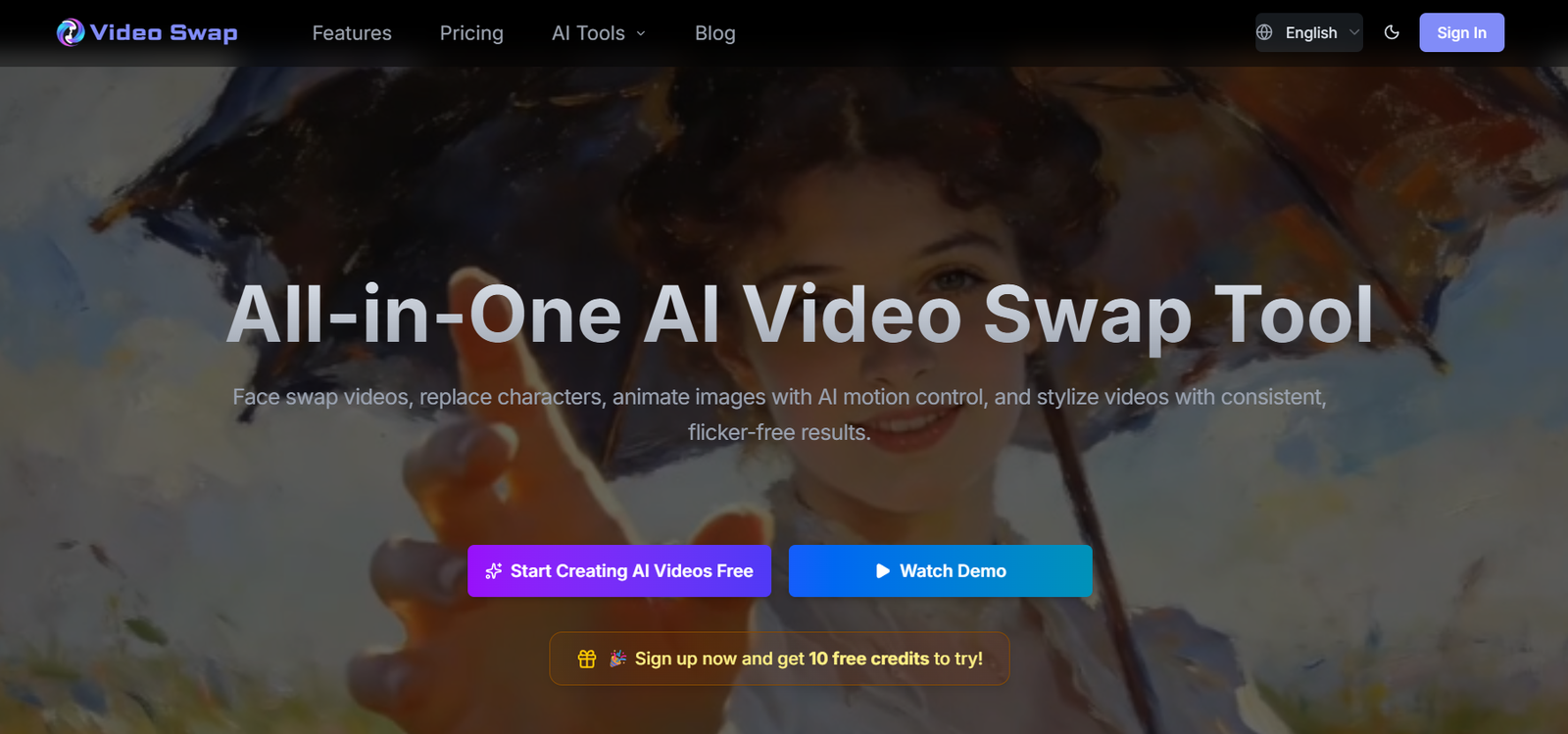 82 - Hero banner for Video Swap: a painterly background with a smiling person, overlaid by the large title 'All-in-One AI Video Swap Tool' and two CTA buttons: 'Start Creating AI Videos Free' and 'Watch Demo'.