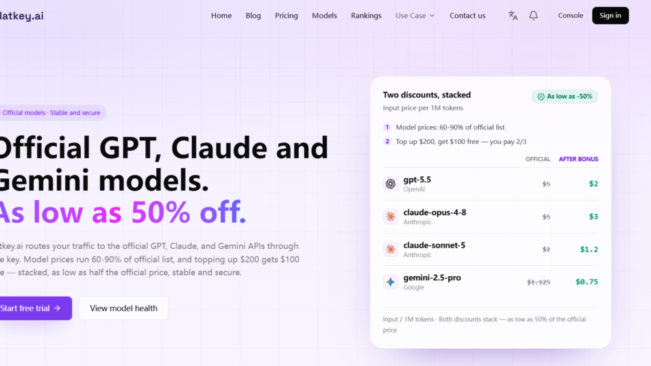 83 - Hero section promoting official GPT, Claude and Gemini models with discounts up to 50% off; left-aligned bold headline and two CTAs, right-hand rounded pricing panel.