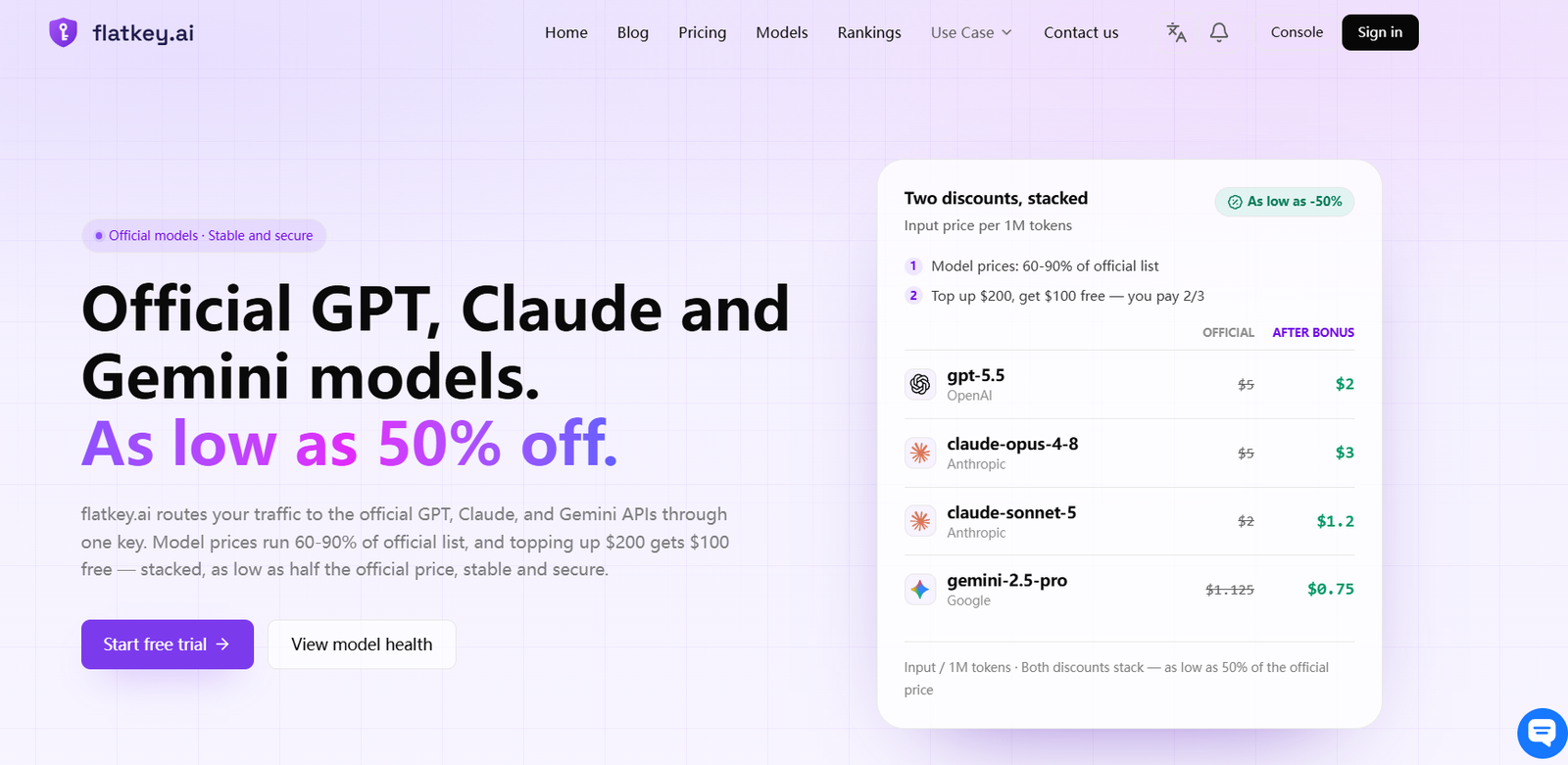 83 - Hero section promoting official GPT, Claude and Gemini models with discounts up to 50% off; left-aligned bold headline and two CTAs, right-hand rounded pricing panel.