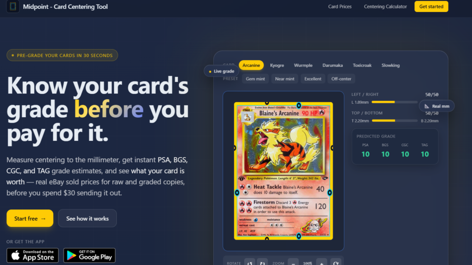 Hero section promoting a card grading tool; large headline and a Pokémon card with a grading UI on the right.