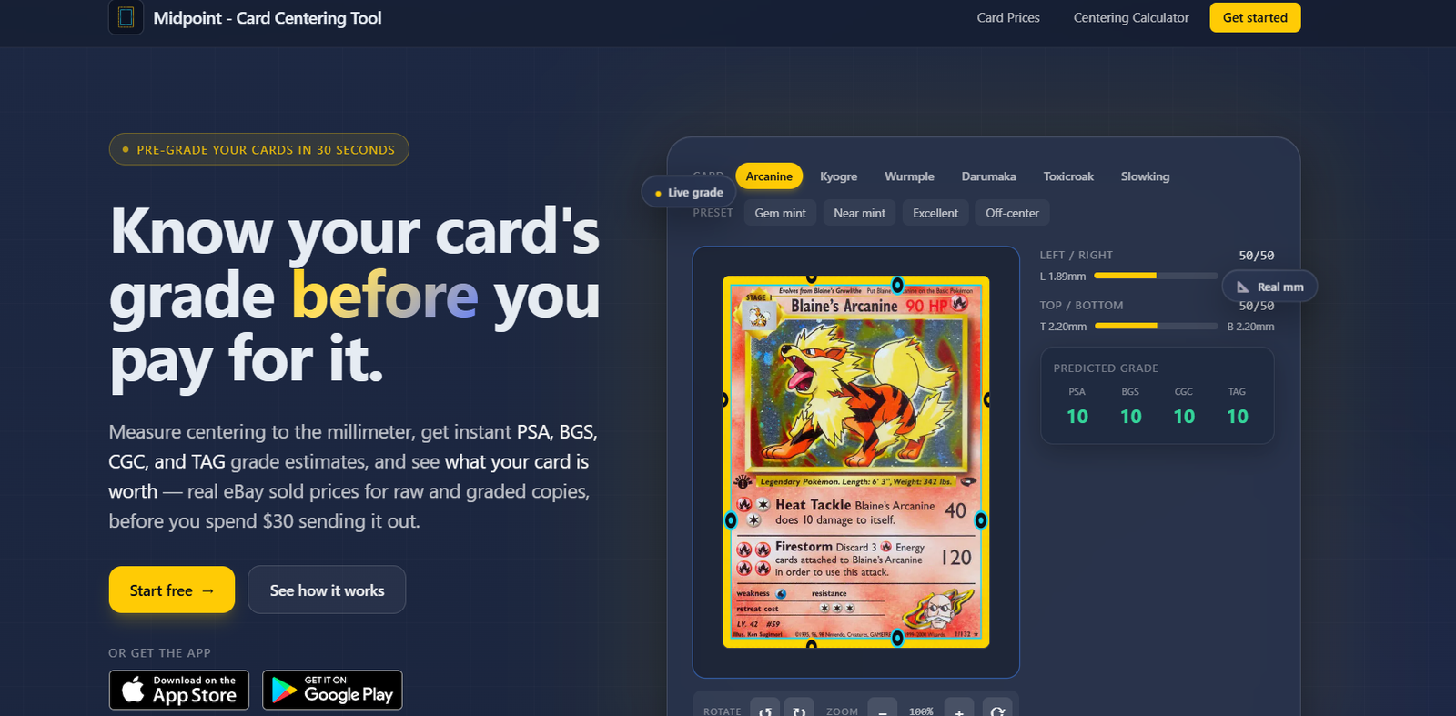 9 - Hero section promoting a card grading tool; large headline and a Pokémon card with a grading UI on the right.