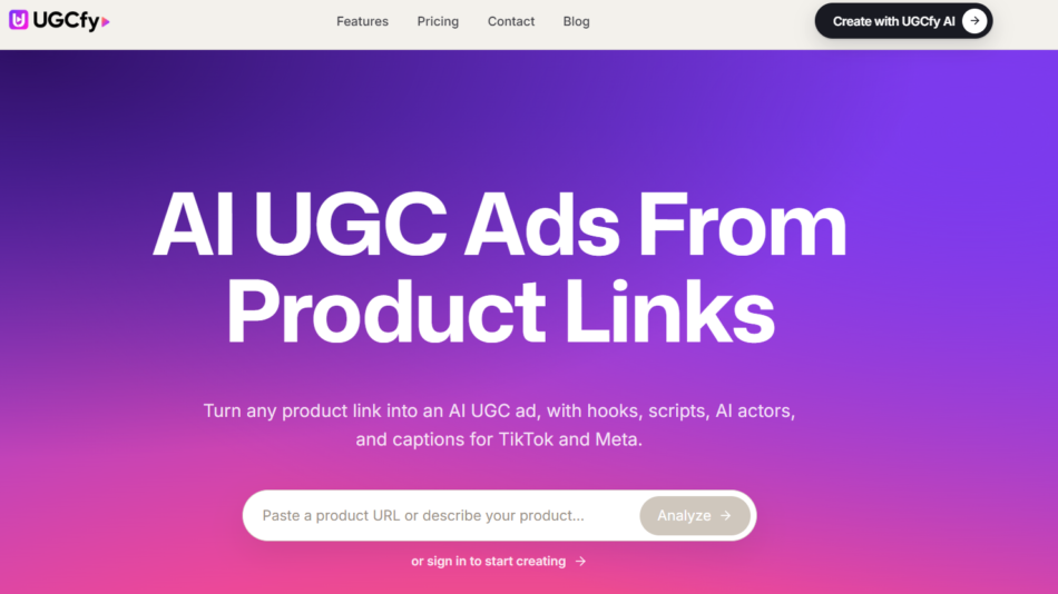 9 - UGCfy hero: gradient purple-to-pink background with bold white headline about AI UGC Ads From Product Links and a search/CTA area