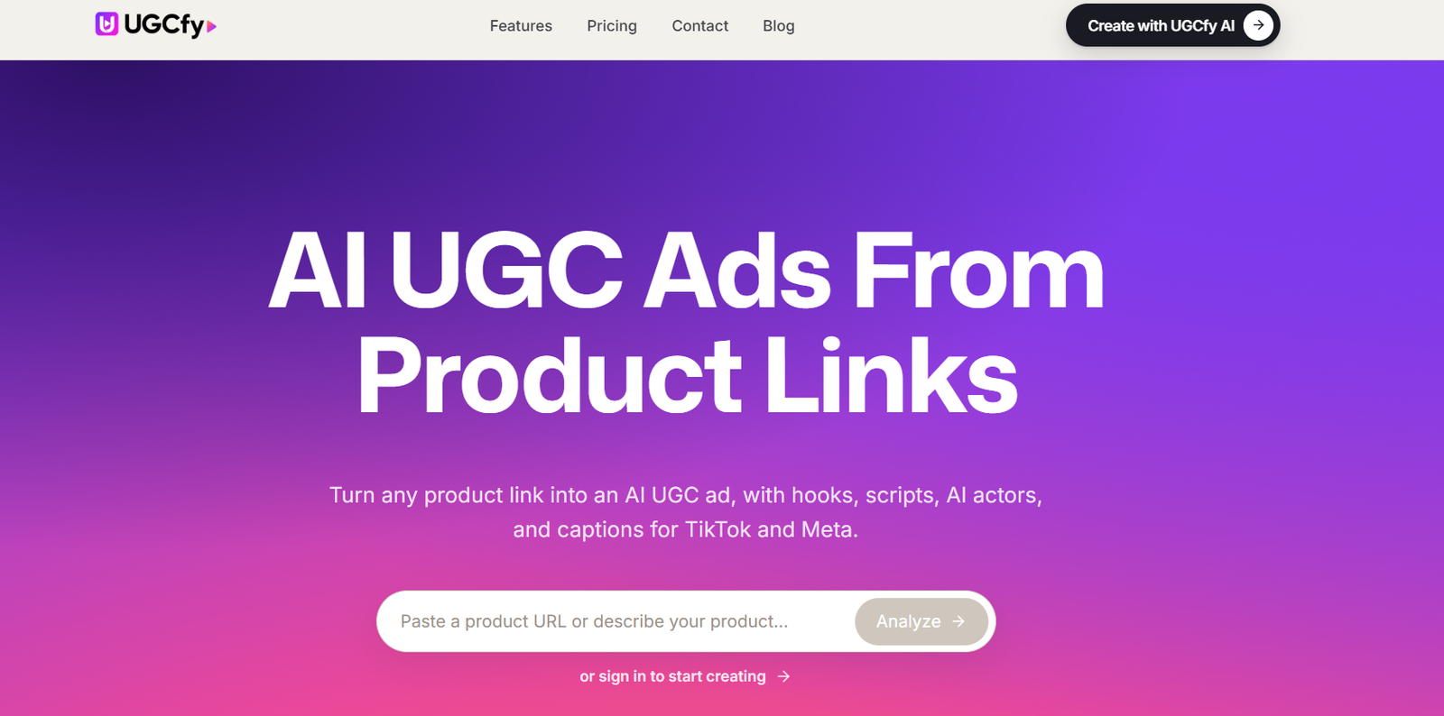 9 - UGCfy hero: gradient purple-to-pink background with bold white headline about AI UGC Ads From Product Links and a search/CTA area