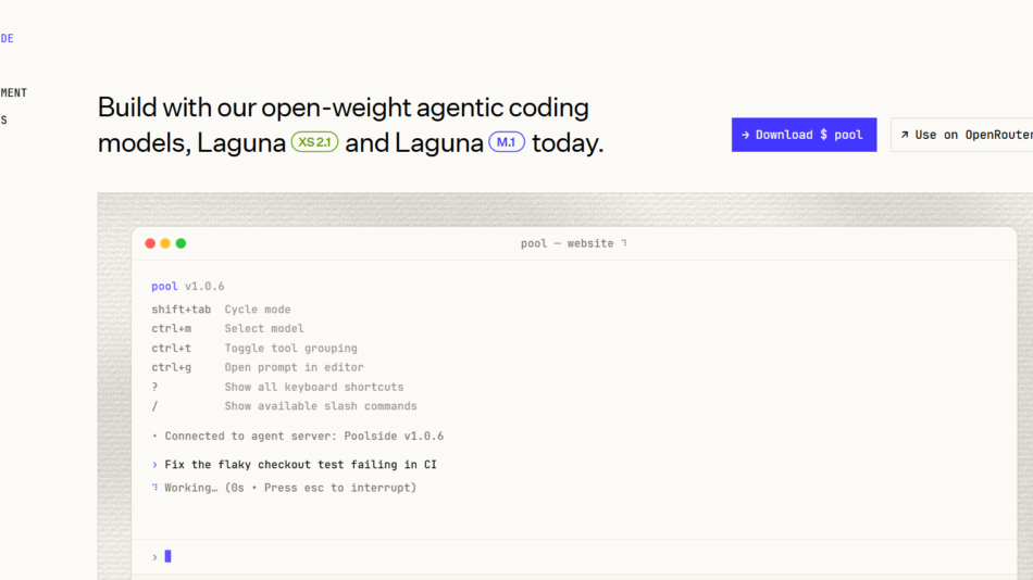 9 - Left sidebar with Poolside logo and vertical menu; large hero headline about Laguna XS2.1 and M.1 with action buttons: Download pool and Use on OpenRouter; code editor illustration below.