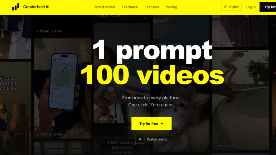 Hero banner for Creatorfield AI with bold '1 prompt 100 videos' over a dark video collage and a yellow header; main CTA: 'Try for free'.