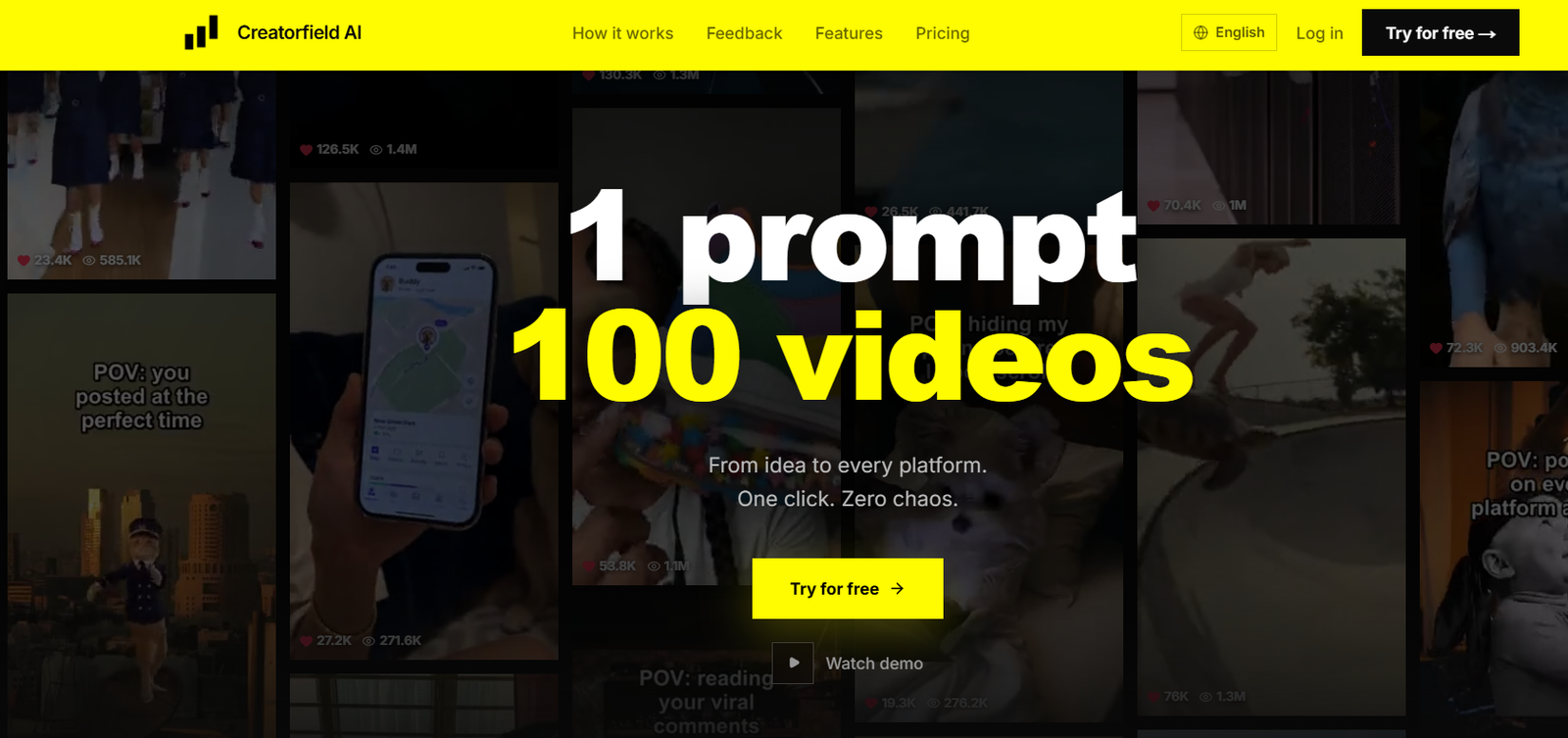 9 - Hero banner for Creatorfield AI with bold '1 prompt 100 videos' over a dark video collage and a yellow header; main CTA: 'Try for free'.