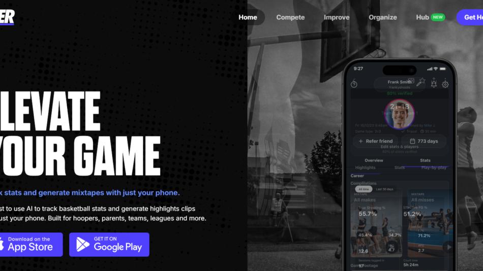 9 - Hero section split: bold 'ELEVATE YOUR GAME' on a dotted black background left, grayscale phone app mockup on the right, with navigation/menu on top left and Get Hooper button on top right.