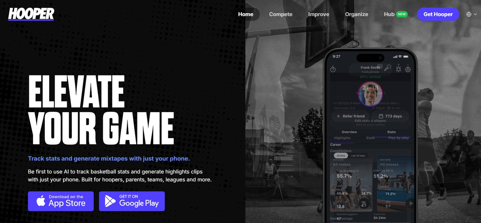 9 - Hero section split: bold 'ELEVATE YOUR GAME' on a dotted black background left, grayscale phone app mockup on the right, with navigation/menu on top left and Get Hooper button on top right.