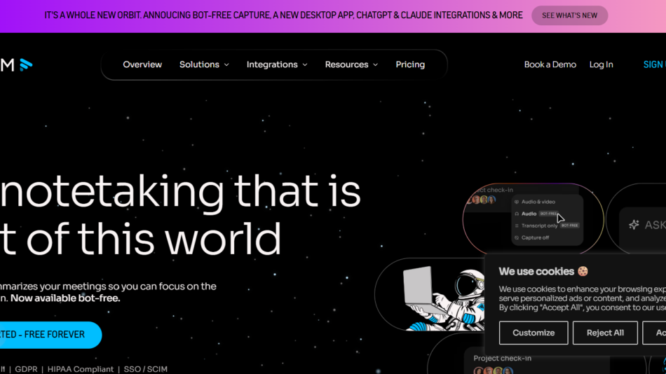 Fathom homepage hero with a black space background, large white text reading 'AI notetaking that is out of this world' and a blue 'Get Started – Free Forever' button.