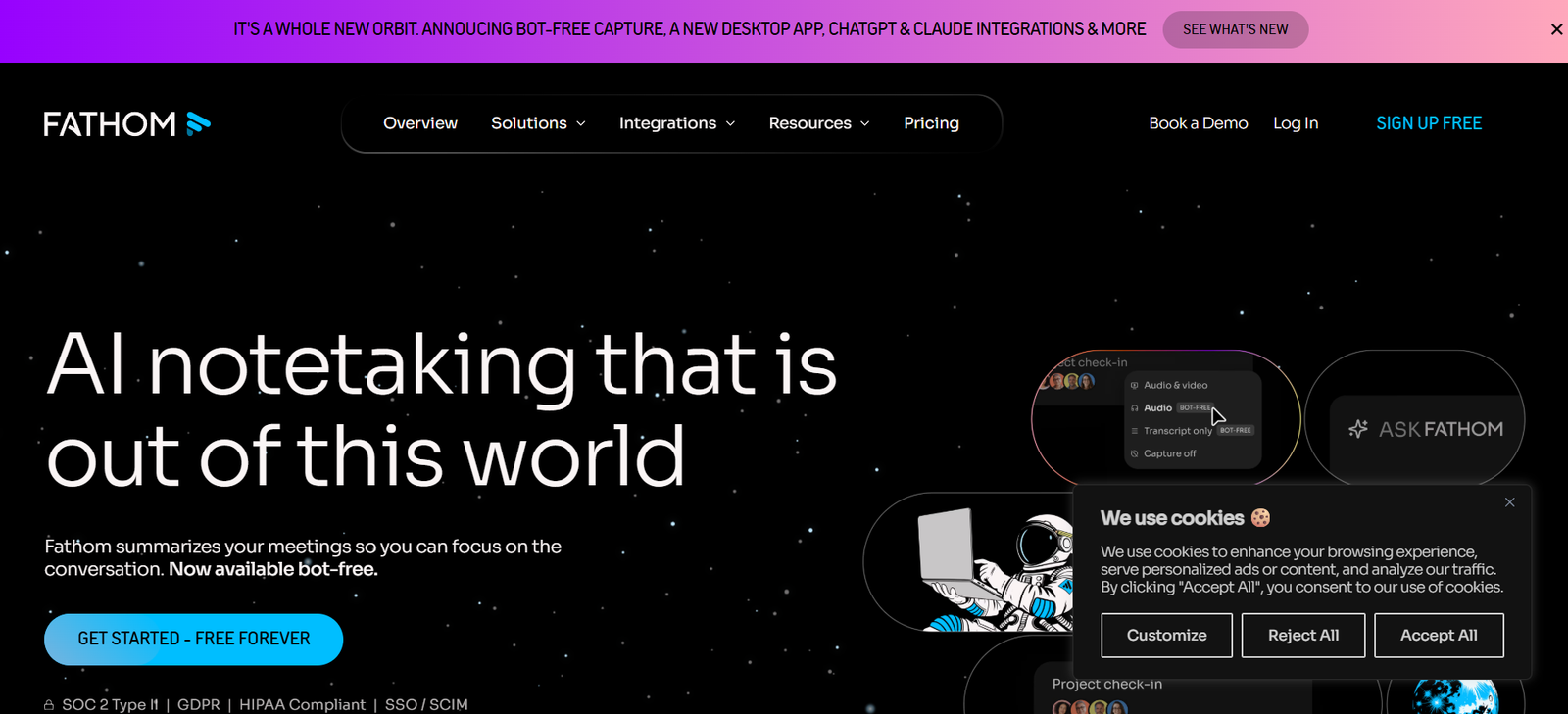 9 - Fathom homepage hero with a black space background, large white text reading 'AI notetaking that is out of this world' and a blue 'Get Started – Free Forever' button.