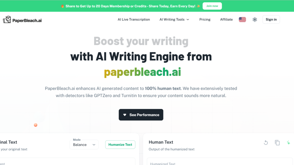 Header hero of PaperBleach.ai: green promo bar, logo, navigation, and large headline about an AI writing engine.