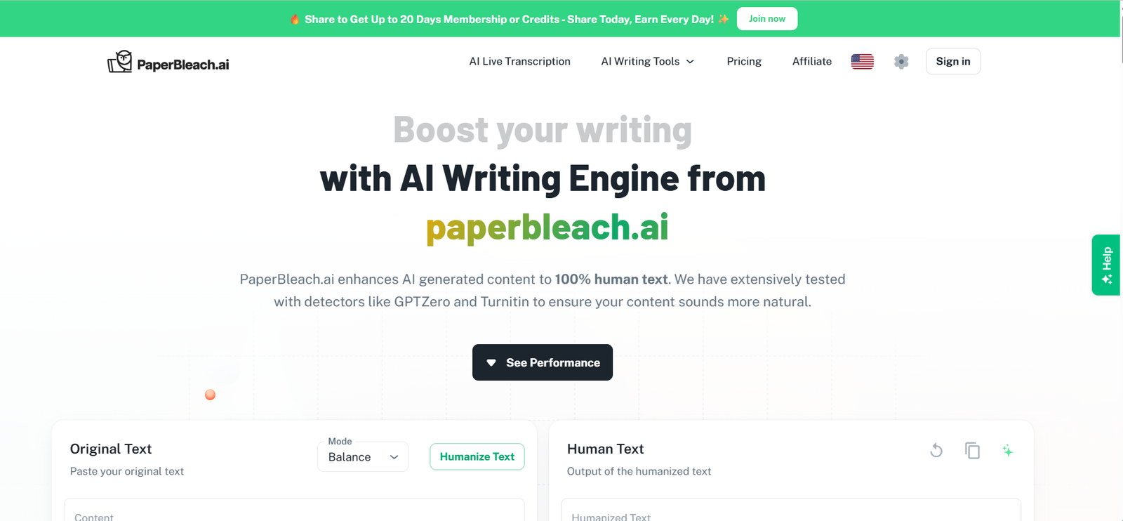 9 - Header hero of PaperBleach.ai: green promo bar, logo, navigation, and large headline about an AI writing engine.