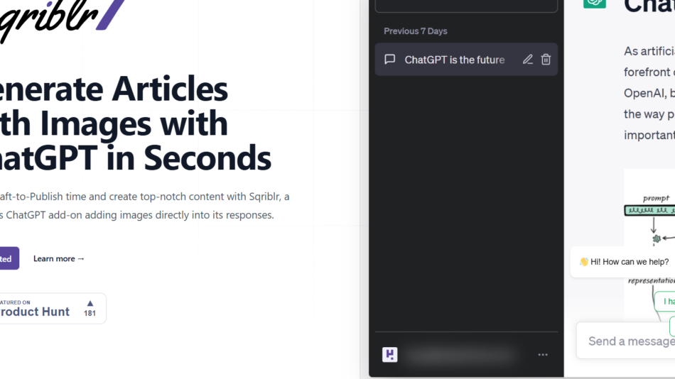 Hero banner with bold headline 'Generate Articles with Images with ChatGPT in Seconds', logo top left, and a Get started button.
