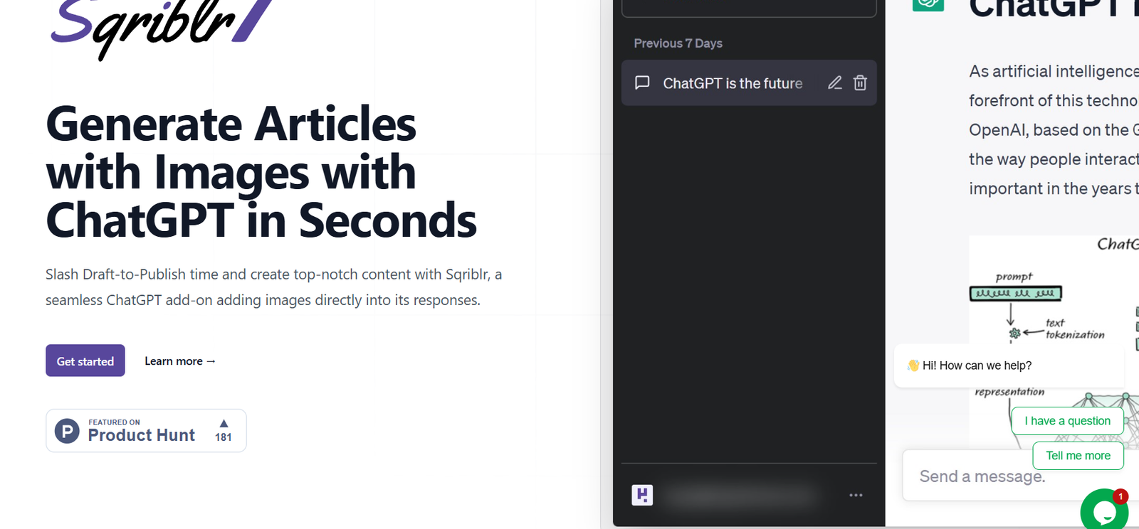 9 - Hero banner with bold headline 'Generate Articles with Images with ChatGPT in Seconds', logo top left, and a Get started button.