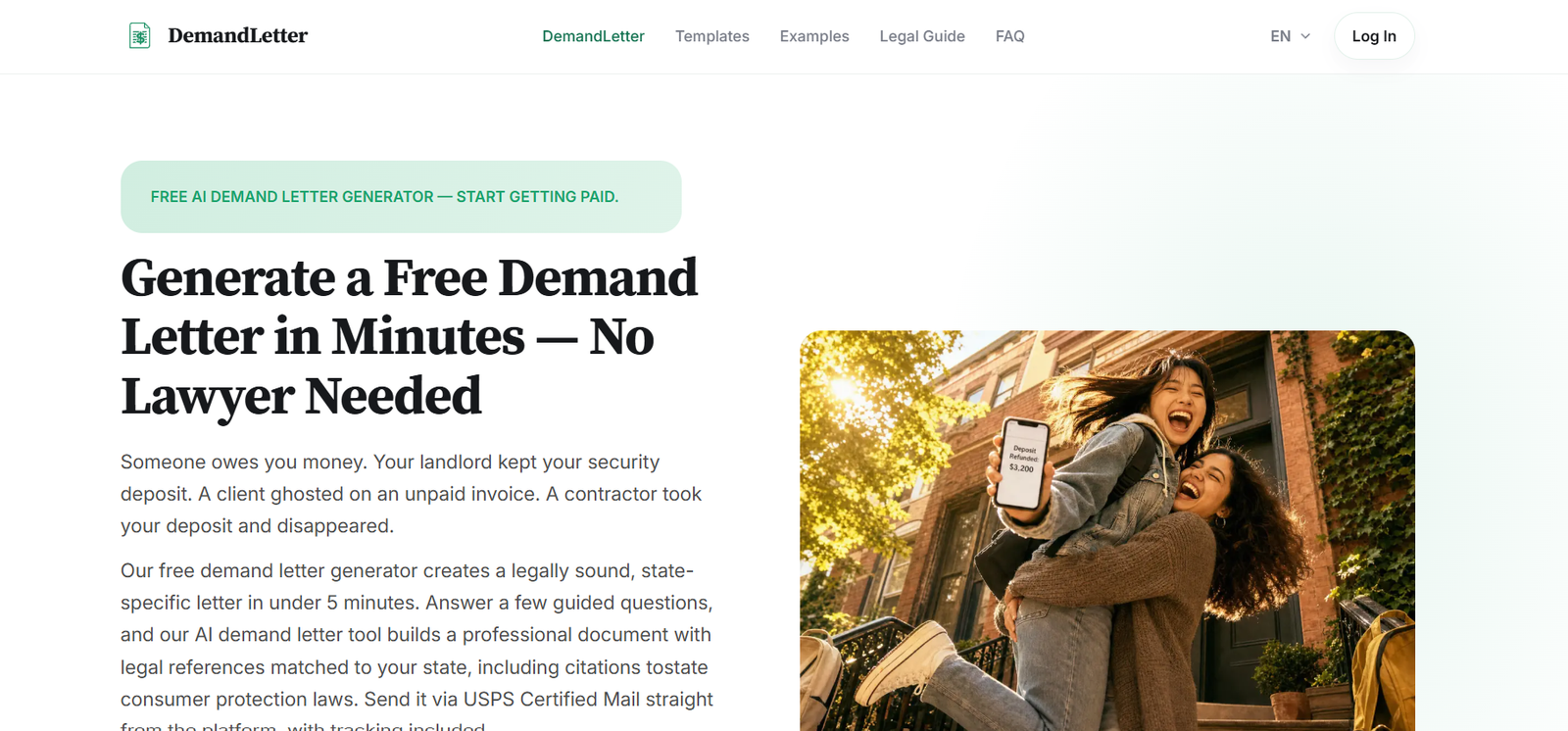 1 - Two women outdoors, one lifting the other on her back, smiling while holding a phone showing a 'Deposit Refunded' message on the screen.