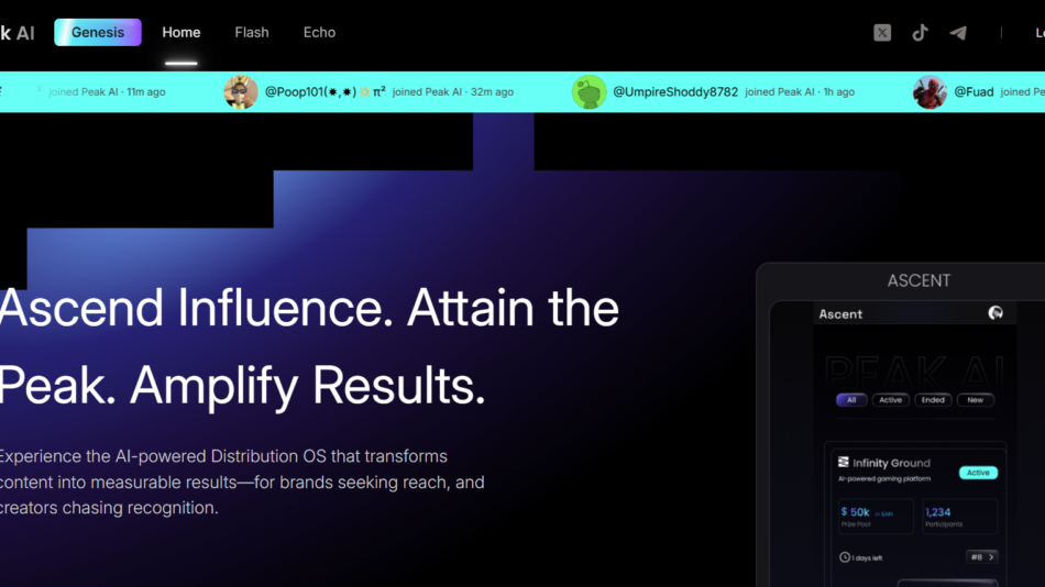 1 - Hero header with dark gradient background and large white title: 'Ascend Influence. Attain the Peak. Amplify Results.'