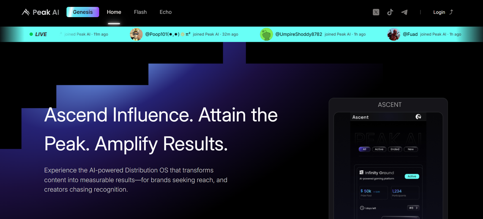 Hero header with dark gradient background and large white title: 'Ascend Influence. Attain the Peak. Amplify Results.'