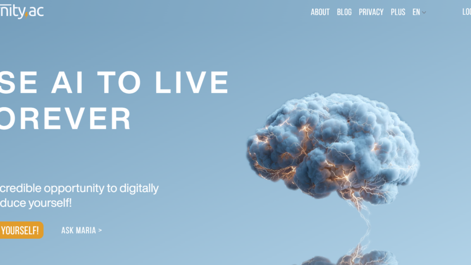 Hero banner with Eternity.ac logo, large 'USE AI TO LIVE FOREVER' title and glowing brain illustration on the right against a blue gradient background, conveying the page's message.