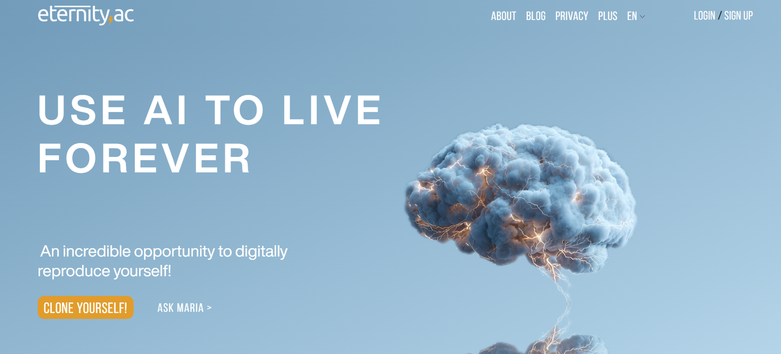 1 - Hero banner with Eternity.ac logo, large 'USE AI TO LIVE FOREVER' title and glowing brain illustration on the right against a blue gradient background, conveying the page's message.