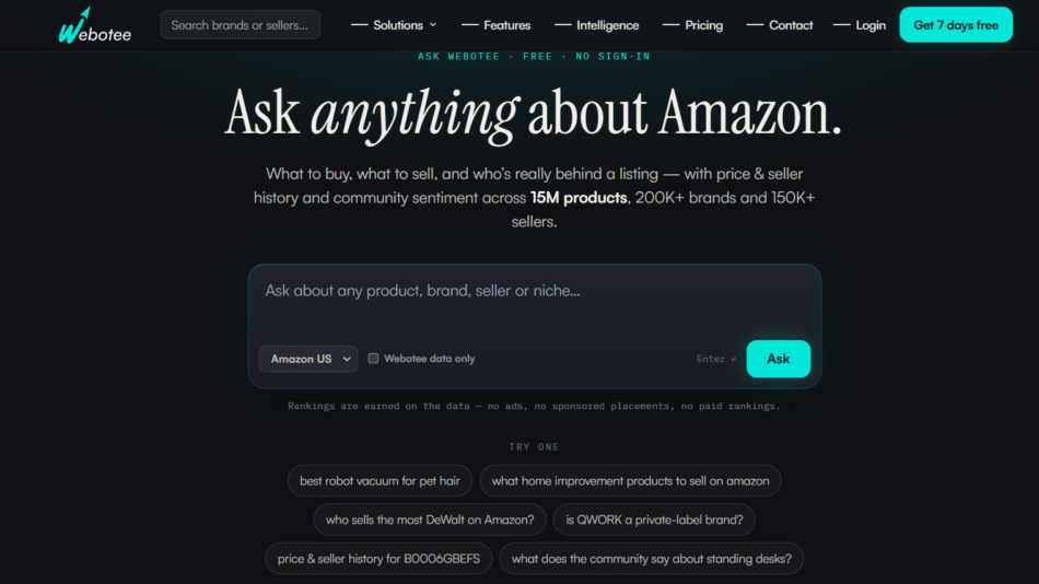 Dark homepage hero inviting users to "Ask anything about Amazon" with a large headline, search/ask box, and neon-accented call-to-action button.