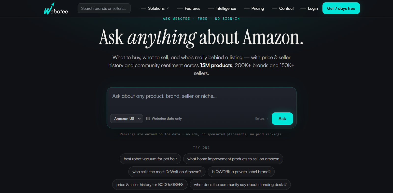 1 - Dark homepage hero inviting users to "Ask anything about Amazon" with a large headline, search/ask box, and neon-accented call-to-action button.