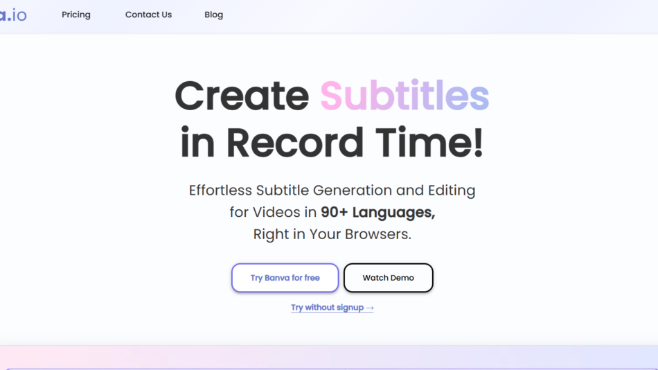 Hero banner for Banva.io with the message 'Create Subtitles in Record Time!' and colorful 'Subtitles' text, promoting multilingual subtitle tools and two CTAs: 'Try Banva for free' and 'Watch Demo'.