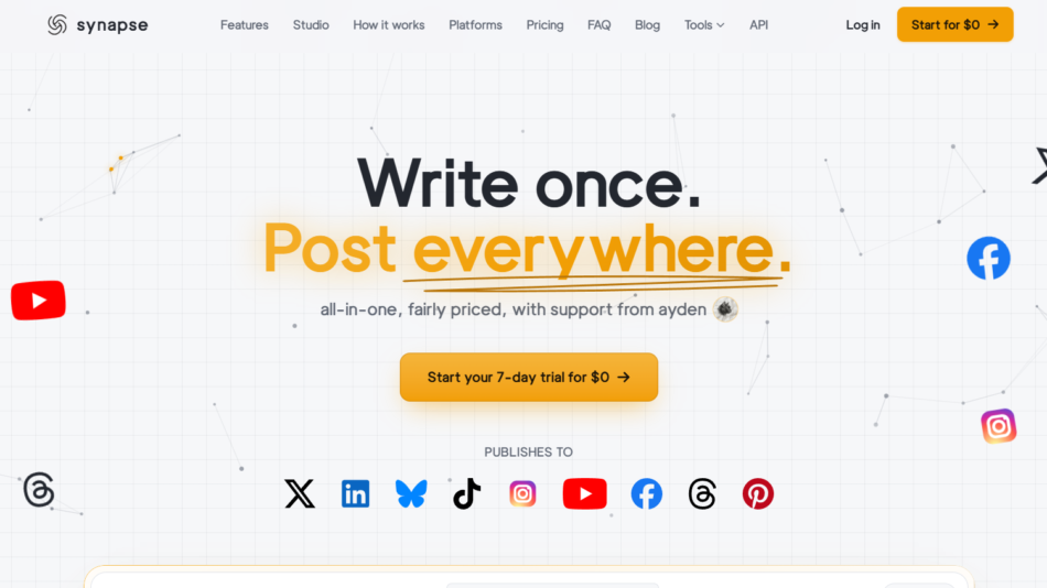 Hero banner: The headline 'Write once. Post everywhere.' with a blurred orange highlight and a 'Start your 7-day trial for $0' button on a light grid background with social icons around.