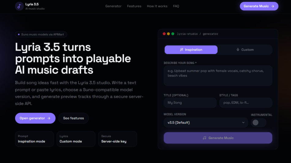 Dark landing page showing Lyria 3.5 hero: large headline about turning prompts into playable AI music drafts with a right-side generator panel
